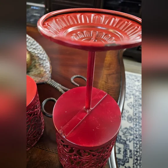 Set of Two Metal Ornate Pedestal Large Candle Holder Marroon Dark Red EUC - Picture 7 of 9
